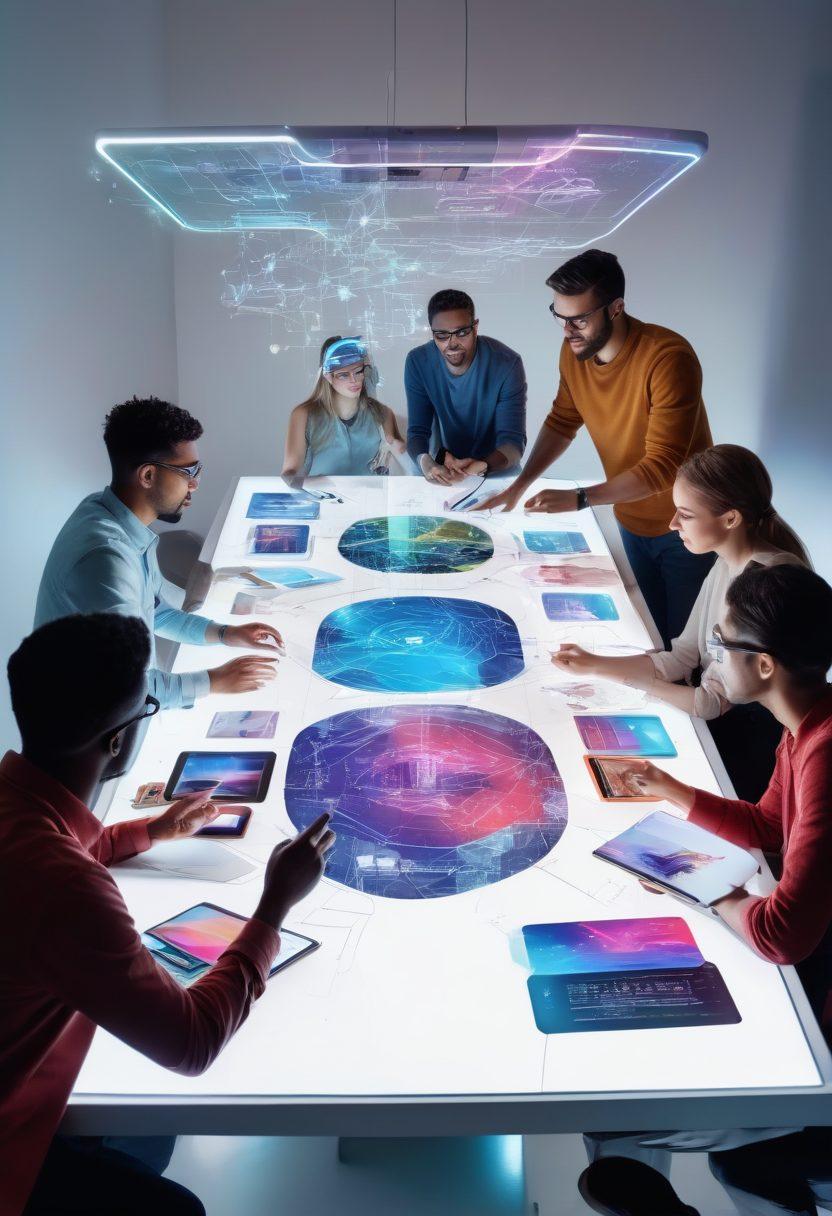 A dynamic scene showcasing a group of diverse individuals brainstorming around a futuristic table, surrounded by holographic displays of creative ideas and innovations. The atmosphere is vibrant and electric, with colorful sketches and prototypes floating in mid-air. Include elements of technology and collaboration, such as VR headsets or tablets, to emphasize modern creativity. super-realistic. vibrant colors. white background.
