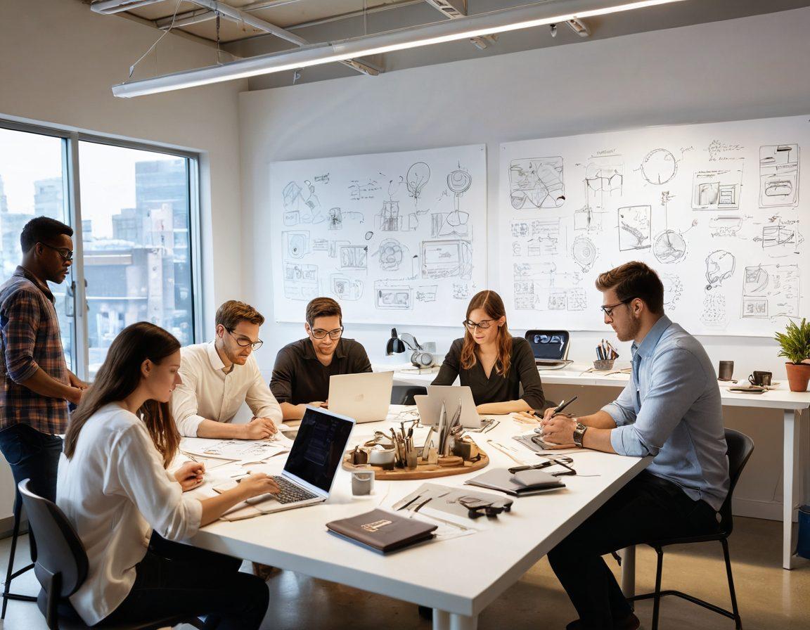 A dynamic workspace featuring diverse individuals collaborating on a prototype design, surrounded by sketches, tools, and digital devices. Emphasize concept drawings and 3D models of prototypes on tables, with bright ideas popping up as light bulbs in the background. Capture a sense of innovation and teamwork, showcasing elements of both traditional and modern development strategies. super-realistic. vibrant colors. white background.