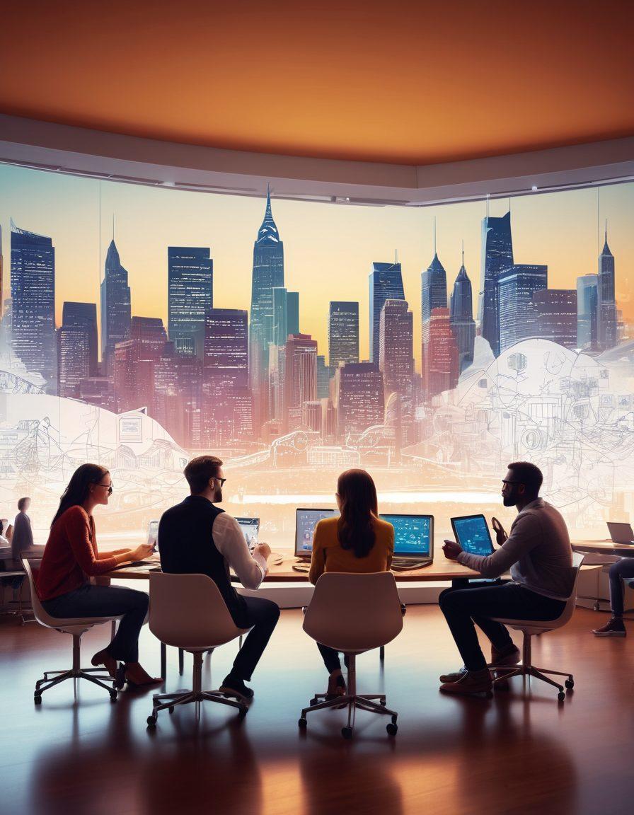A dynamic scene showcasing a diverse group of entrepreneurs brainstorming around a table filled with sketches and digital devices, highlighting the transition from original ideas to prototypes. Background features a city skyline with innovation vibes, and subtle infographics showcasing growth and strategy. The atmosphere radiates passion and collaboration, with a bright color palette signifying creativity and optimism. super-realistic. vibrant colors. urban background.